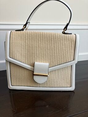 ALDO White-Trim Beige Straw Woven Top-Handle Satchel with Gold Hardware